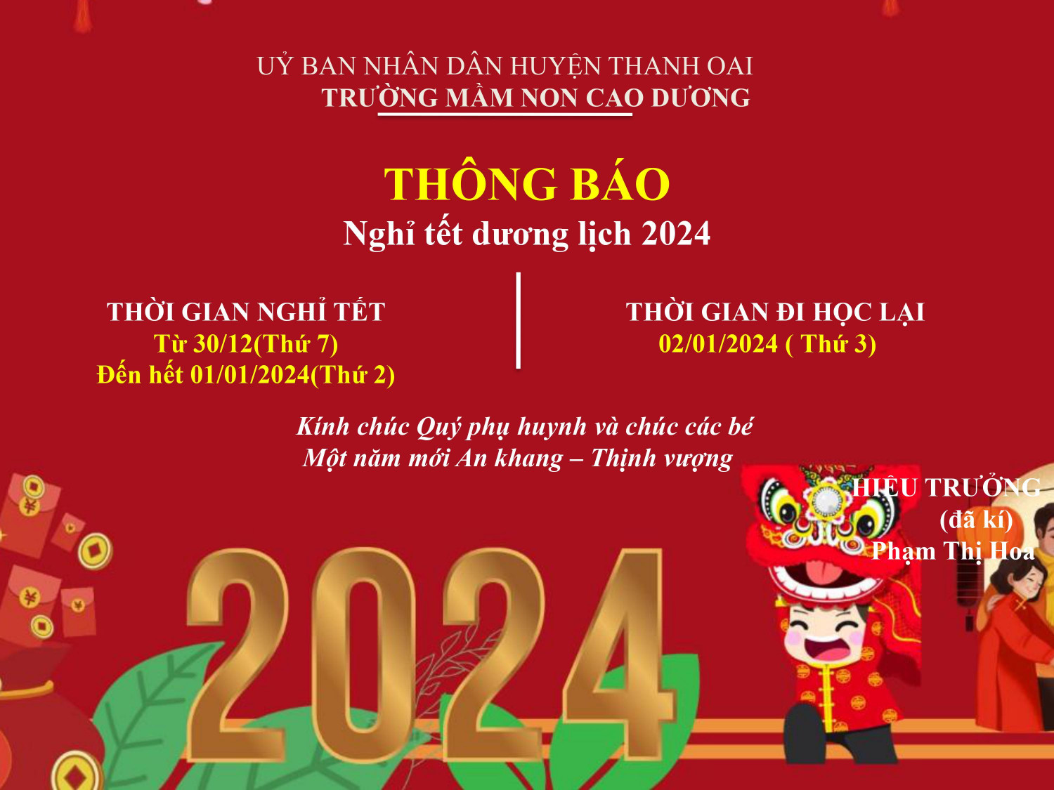 THÔNG BÁO NGHỈ  TẾT DƯƠNG LỊCH